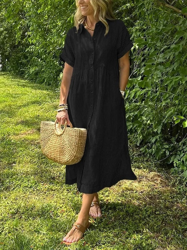 Women's Short Sleeve Striped Shirt Midi Dress Cotton Autumn Wear