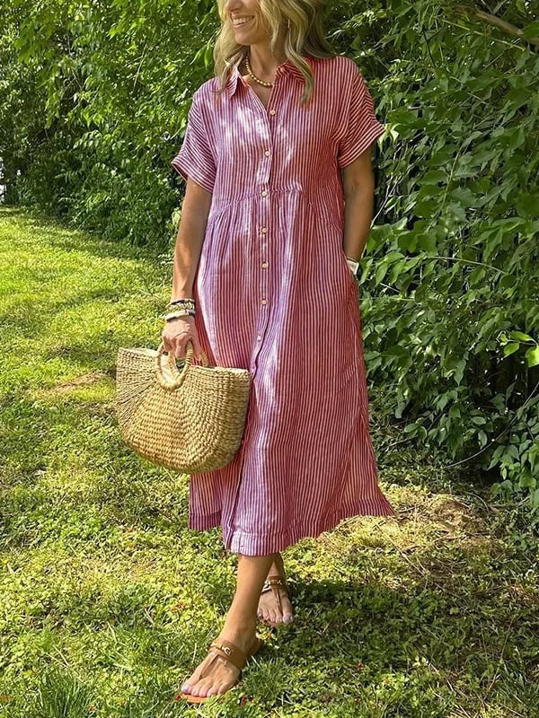 Women's Short Sleeve Striped Shirt Midi Dress Cotton Autumn Wear