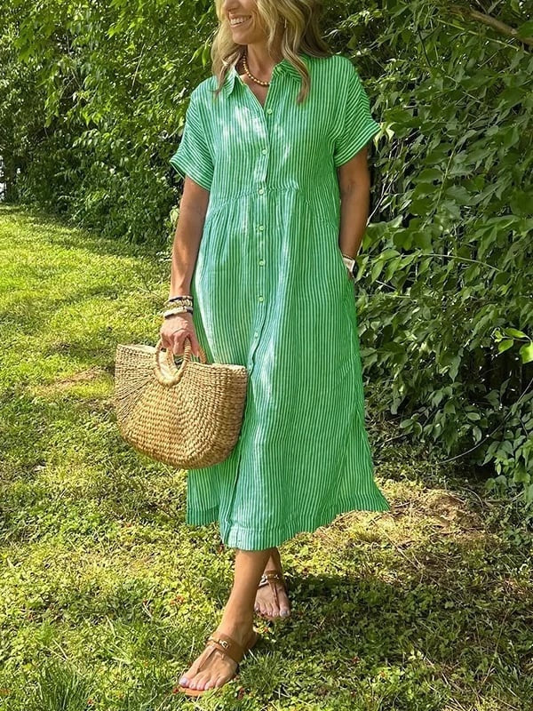 Women's Short Sleeve Striped Shirt Midi Dress Cotton Autumn Wear