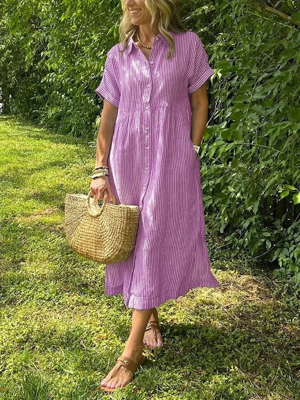 Women's Short Sleeve Striped Shirt Midi Dress Cotton Autumn Wear