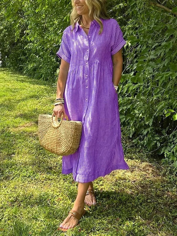 Women's Short Sleeve Striped Shirt Midi Dress Cotton Autumn Wear