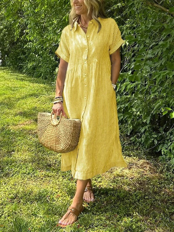 Women's Short Sleeve Striped Shirt Midi Dress Cotton Autumn Wear