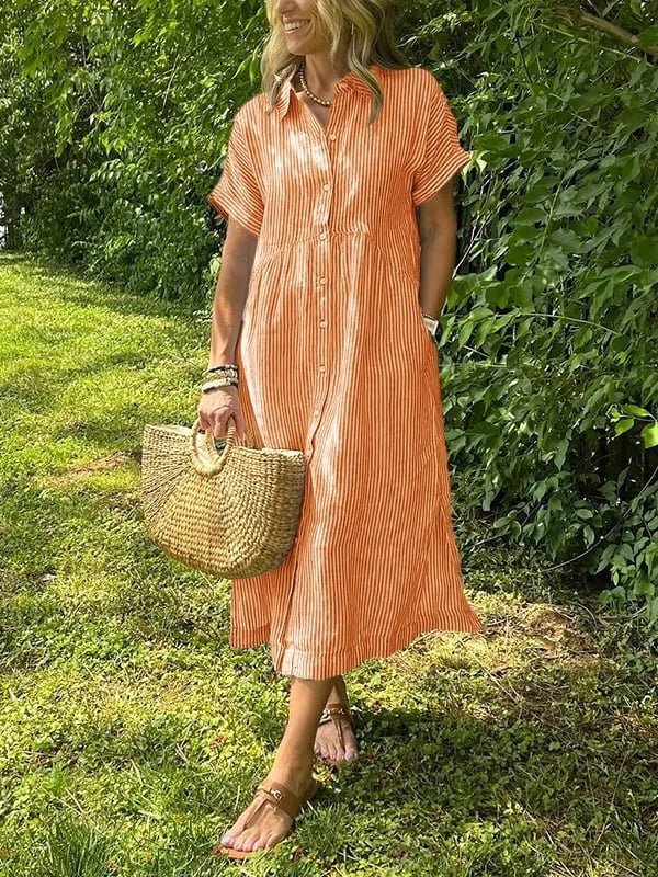 Women's Short Sleeve Striped Shirt Midi Dress Cotton Autumn Wear