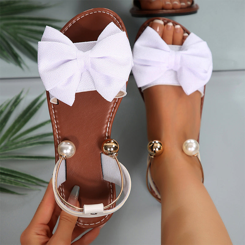 Women's Leather Flat Sandals Autumn Pearl Bow Slingback Sandals