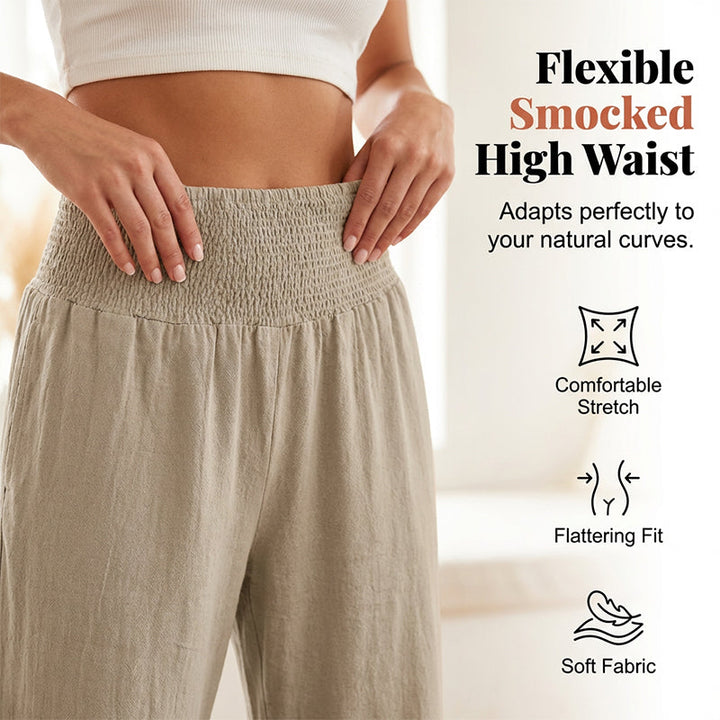 Women's Cotton Linen Wide Leg Pants Spring High Waisted Smocked Ruffle Hem Boho Trousers
