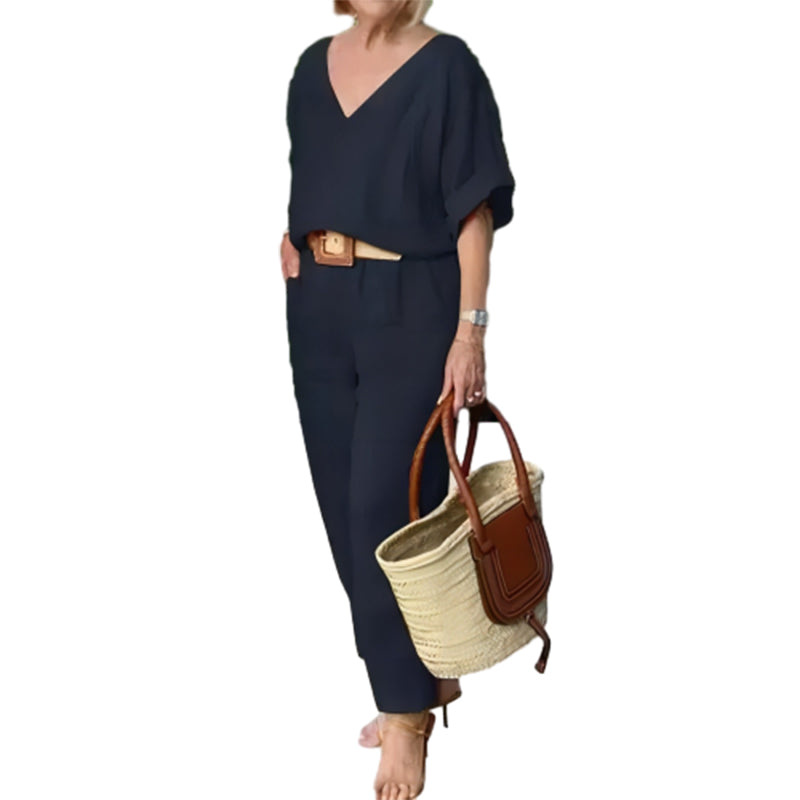 Women's Two Piece Set Spring Linen Look V-Neck Top and Straight Leg Pants Casual Outfit