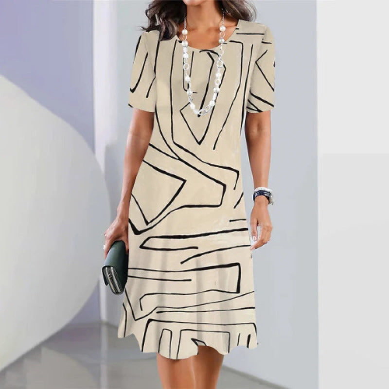 Women's Cotton Blend A-Line Midi Dress Spring Short Sleeve Geometric Print Casual Dress