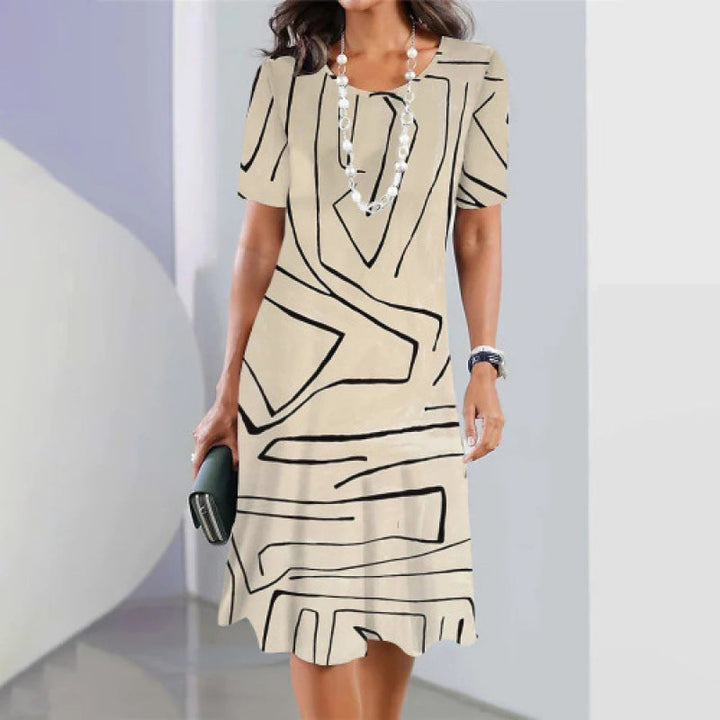 Women's Cotton Blend A-Line Midi Dress Spring Short Sleeve Geometric Print Casual Dress
