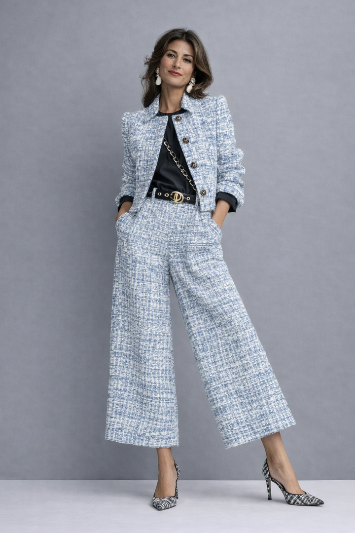 Women's Tweed Suit Set Autumn Cropped Jacket & Wide-Leg Trousers