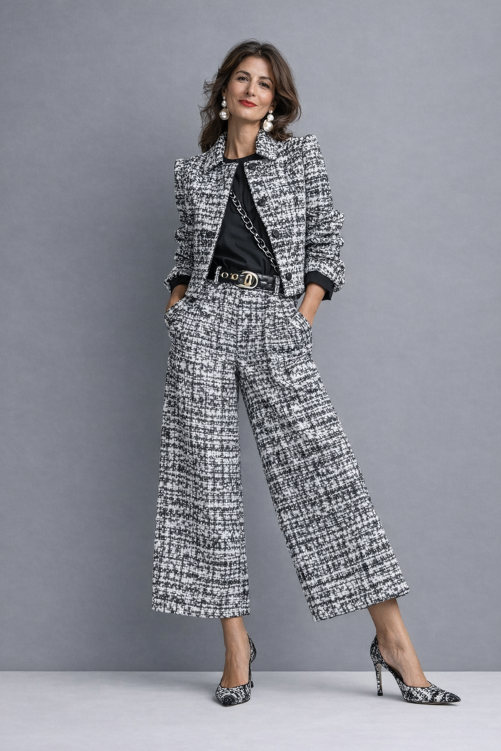 Women's Tweed Suit Set Autumn Cropped Jacket & Wide-Leg Trousers