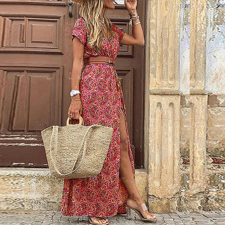 Women's Floral Print Long Summer Dress with Belt