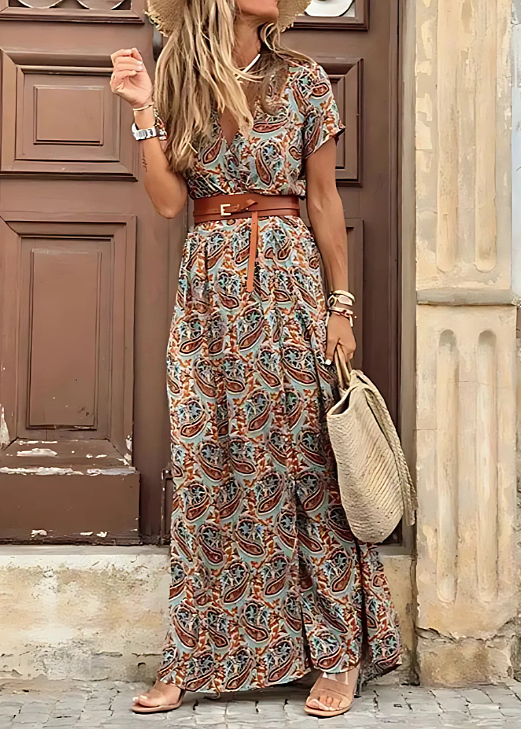 Women's Floral Print Long Summer Dress with Belt