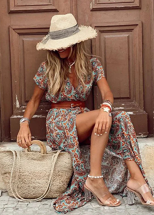 Women's Floral Print Long Summer Dress with Belt