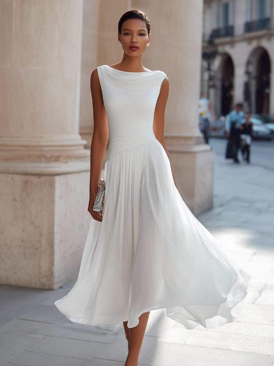 Women’s Draped Midi Day Wedding Dress with Flowing Skirt, Sleeveless