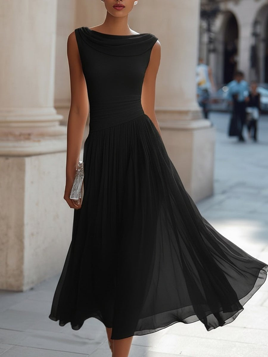 Women’s Draped Midi Day Wedding Dress with Flowing Skirt, Sleeveless