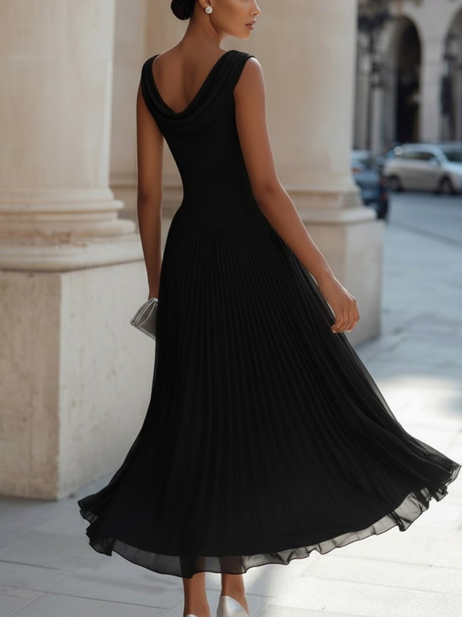 Women’s Draped Midi Day Wedding Dress with Flowing Skirt, Sleeveless