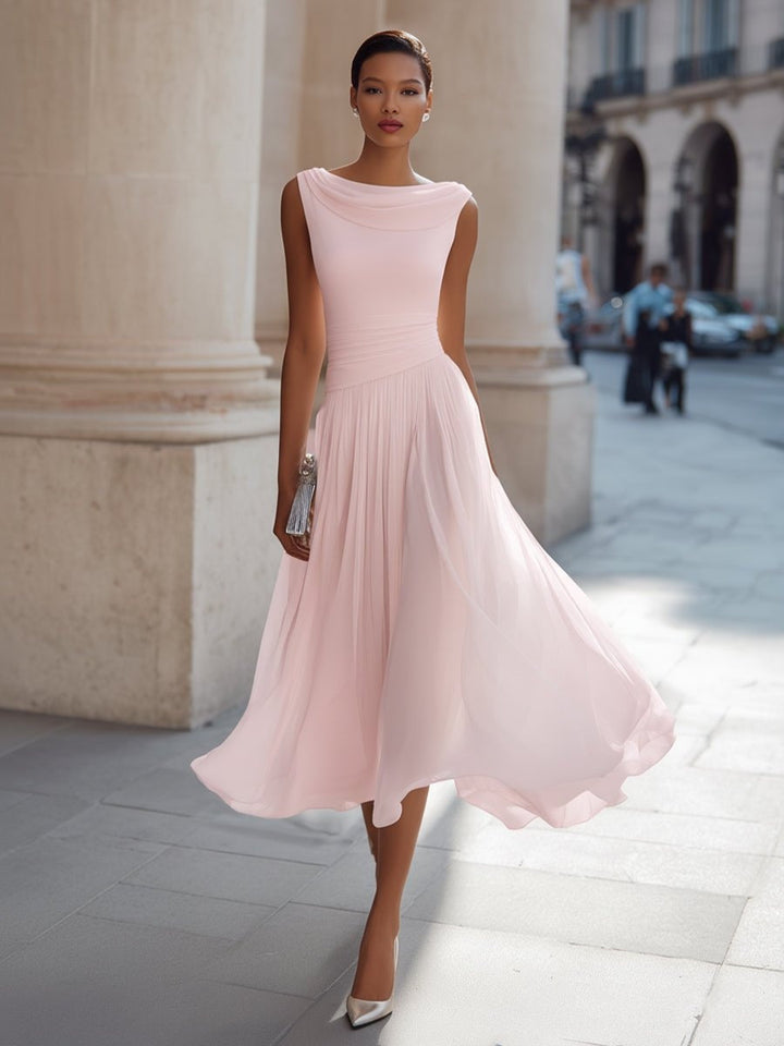 Women’s Draped Midi Day Wedding Dress with Flowing Skirt, Sleeveless