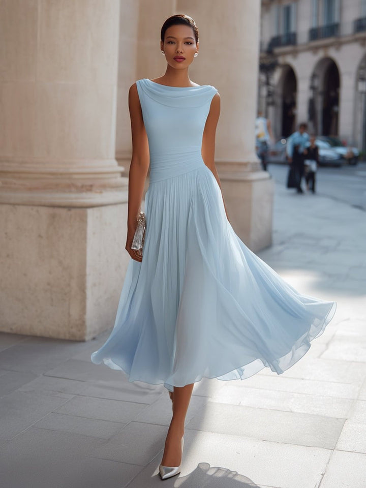 Women’s Draped Midi Day Wedding Dress with Flowing Skirt, Sleeveless