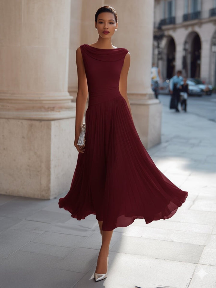 Women’s Draped Midi Day Wedding Dress with Flowing Skirt, Sleeveless