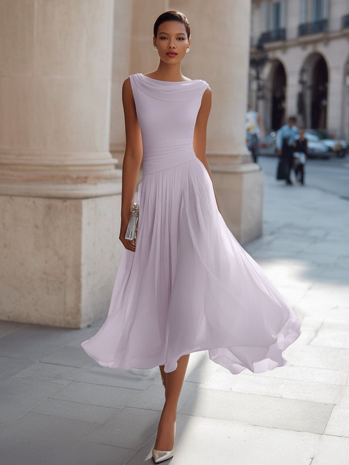Women’s Draped Midi Day Wedding Dress with Flowing Skirt, Sleeveless