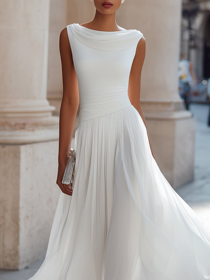 Women’s Draped Midi Day Wedding Dress with Flowing Skirt, Sleeveless