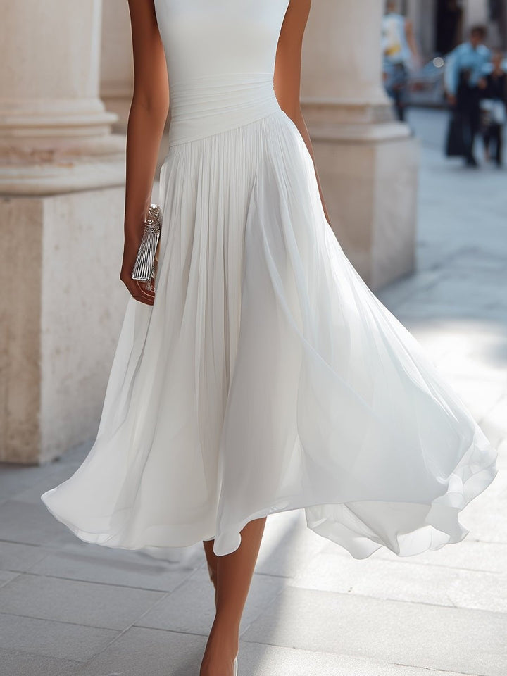 Women’s Draped Midi Day Wedding Dress with Flowing Skirt, Sleeveless
