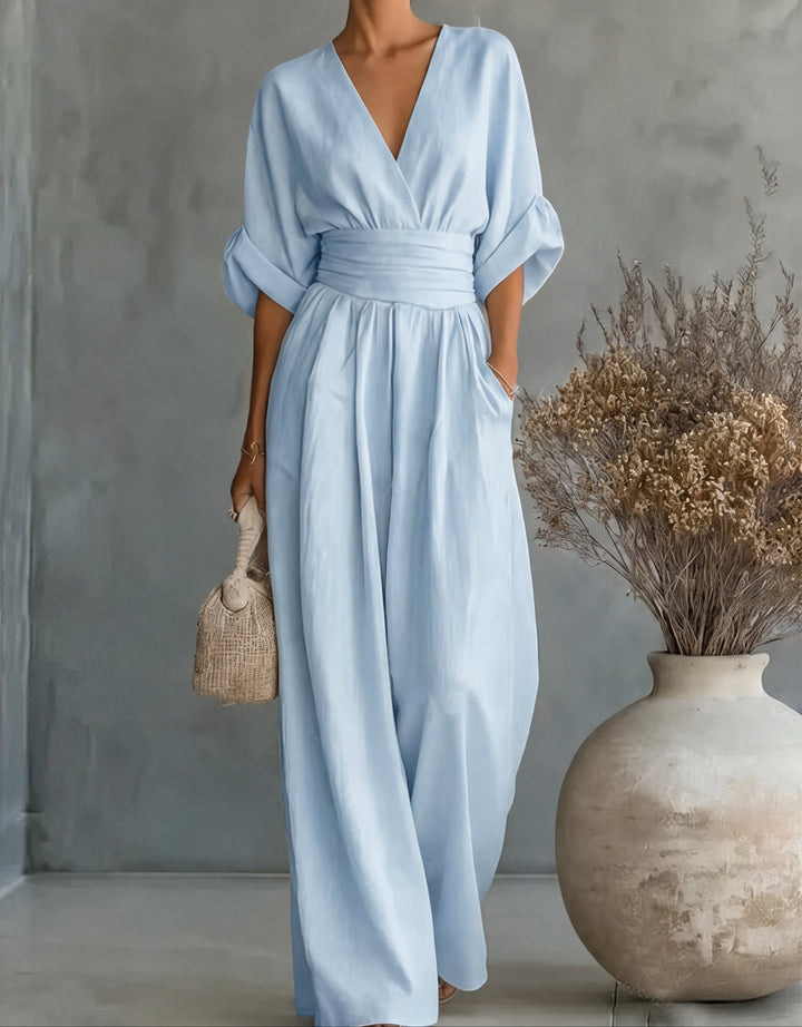 Women's Elegant Jumpsuit with Wrap Neckline and Wide Leg Pants for Autumn