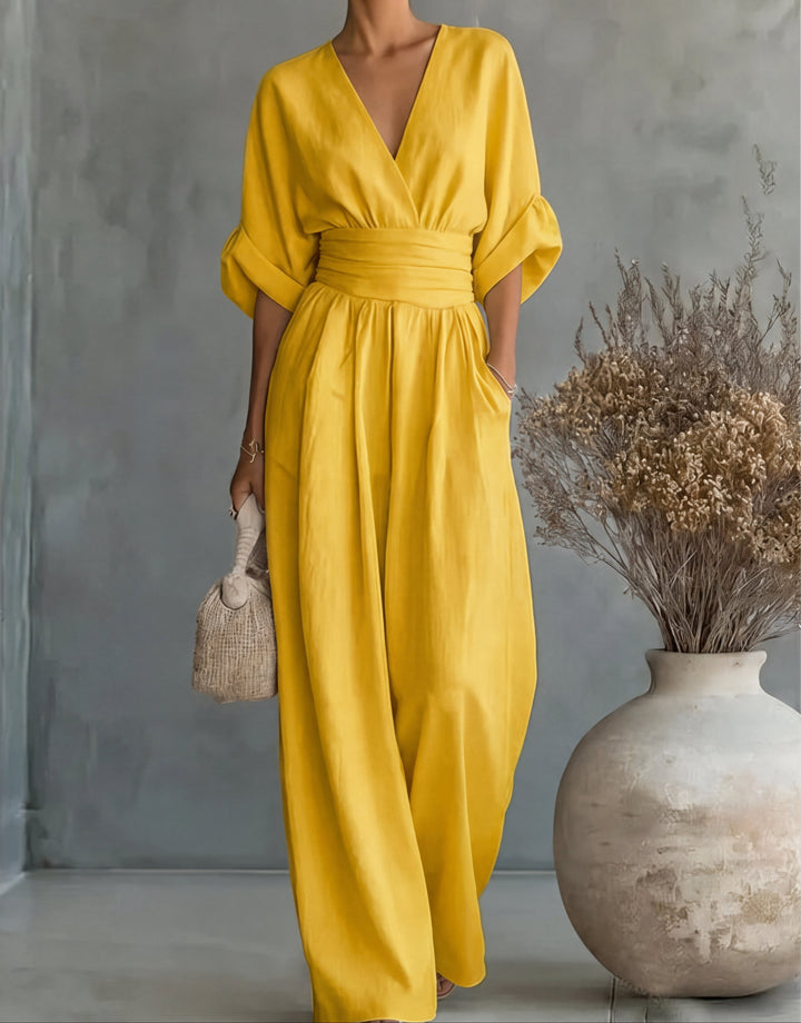 Women's Elegant Jumpsuit with Wrap Neckline and Wide Leg Pants for Autumn
