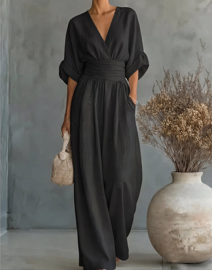 Women's Elegant Jumpsuit with Wrap Neckline and Wide Leg Pants for Autumn