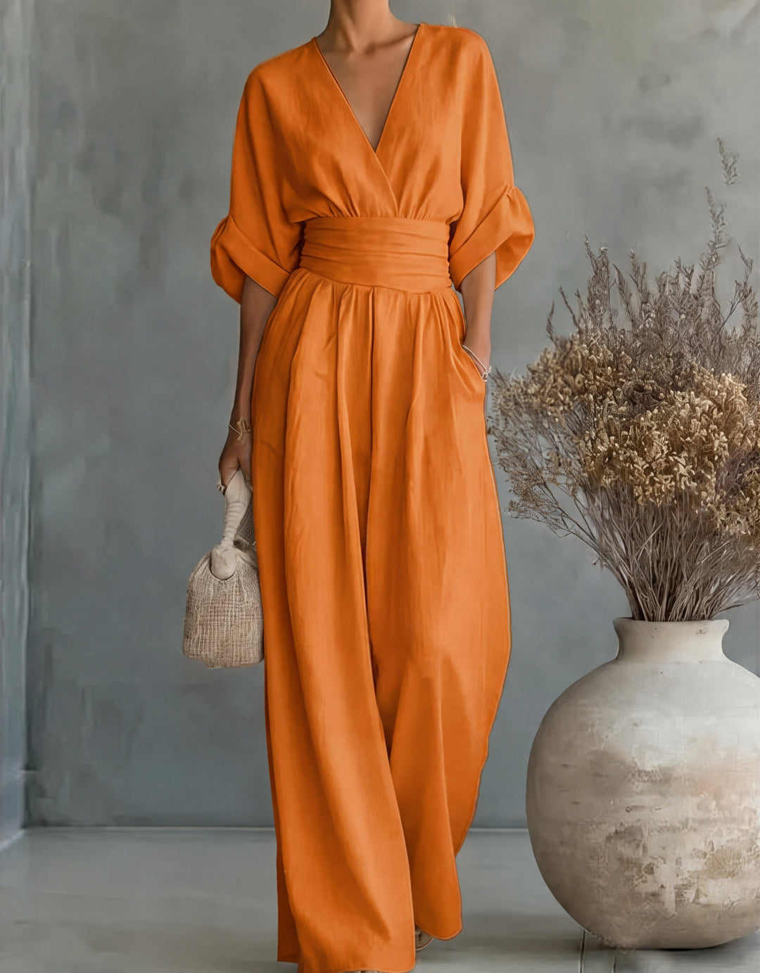 Women's Elegant Jumpsuit with Wrap Neckline and Wide Leg Pants for Autumn