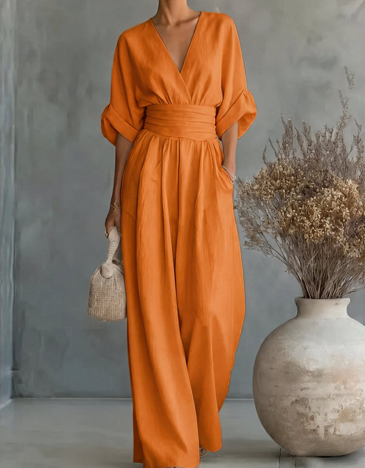 Women's Elegant Jumpsuit with Wrap Neckline and Wide Leg Pants for Autumn