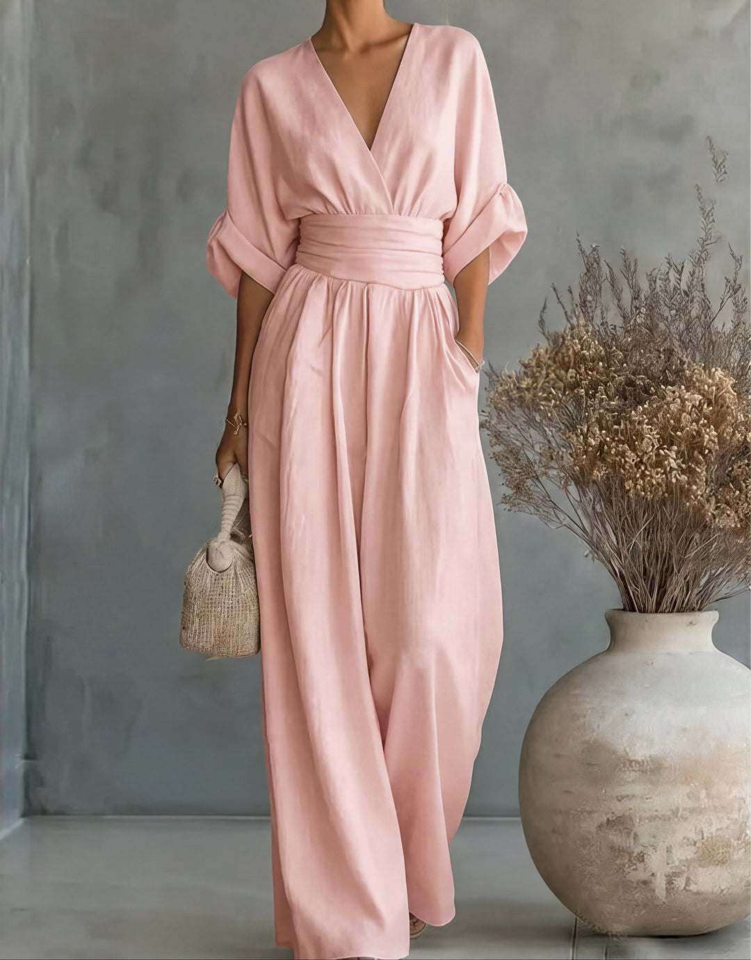 Women's Elegant Jumpsuit with Wrap Neckline and Wide Leg Pants for Autumn