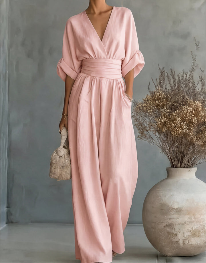 Women's Elegant Jumpsuit with Wrap Neckline and Wide Leg Pants for Autumn