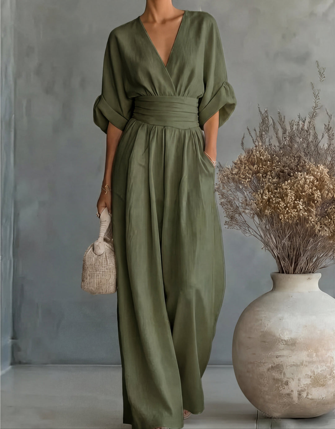 Women's Elegant Jumpsuit with Wrap Neckline and Wide Leg Pants for Autumn