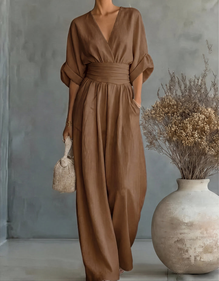 Women's Elegant Jumpsuit with Wrap Neckline and Wide Leg Pants for Autumn