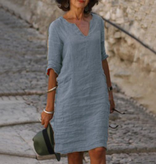 Women's Cotton Casual Midi Dress with V-Neck and 3/4 Sleeves for Autumn