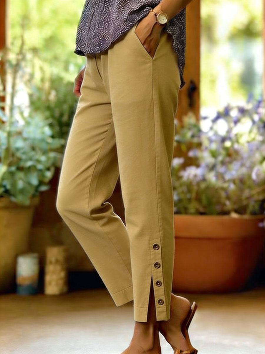 Women's Cotton Linen Loose Pants Autumn Wide-Leg Button Trousers
