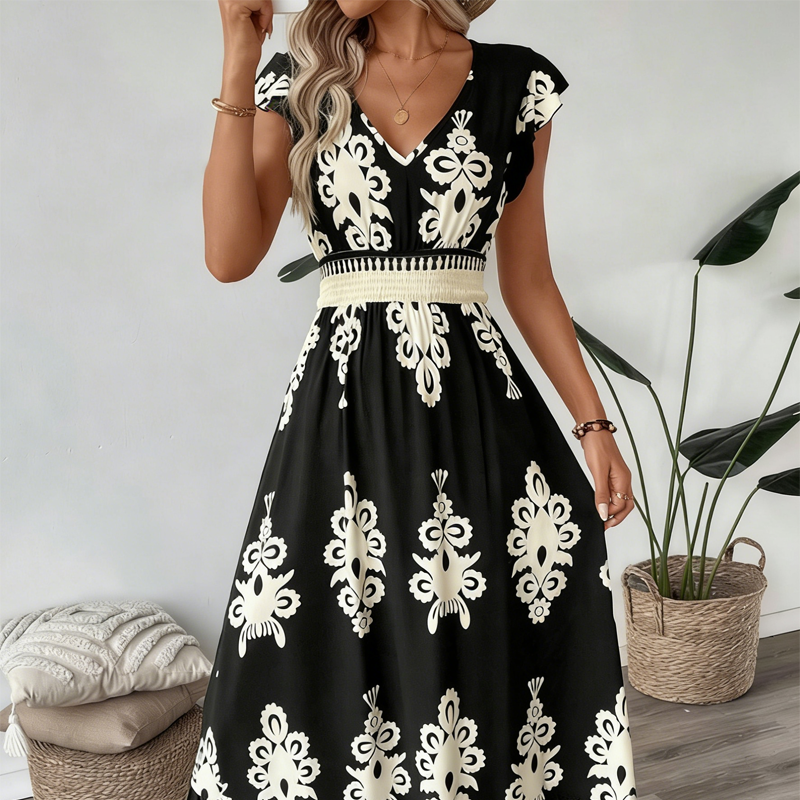Women's Knit Baroque Print V-Neck Maxi Dress Autumn Casual Dress