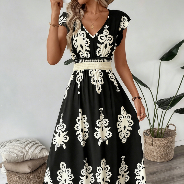 Women's Knit Baroque Print V-Neck Maxi Dress Autumn Casual Dress
