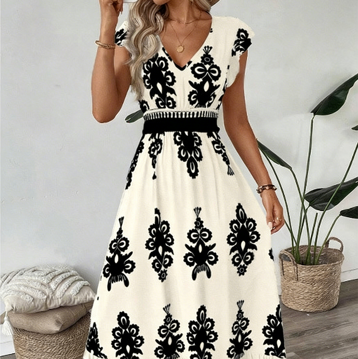 Women's Knit Baroque Print V-Neck Maxi Dress Autumn Casual Dress