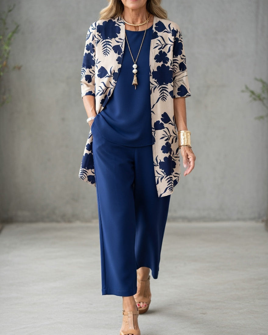 Women's 3-Piece Pants Set Polyester Floral Jacket Autumn Outfit