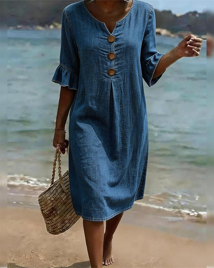 Women's Denim Flared Sleeve Mini Dress Autumn Casual Outfit