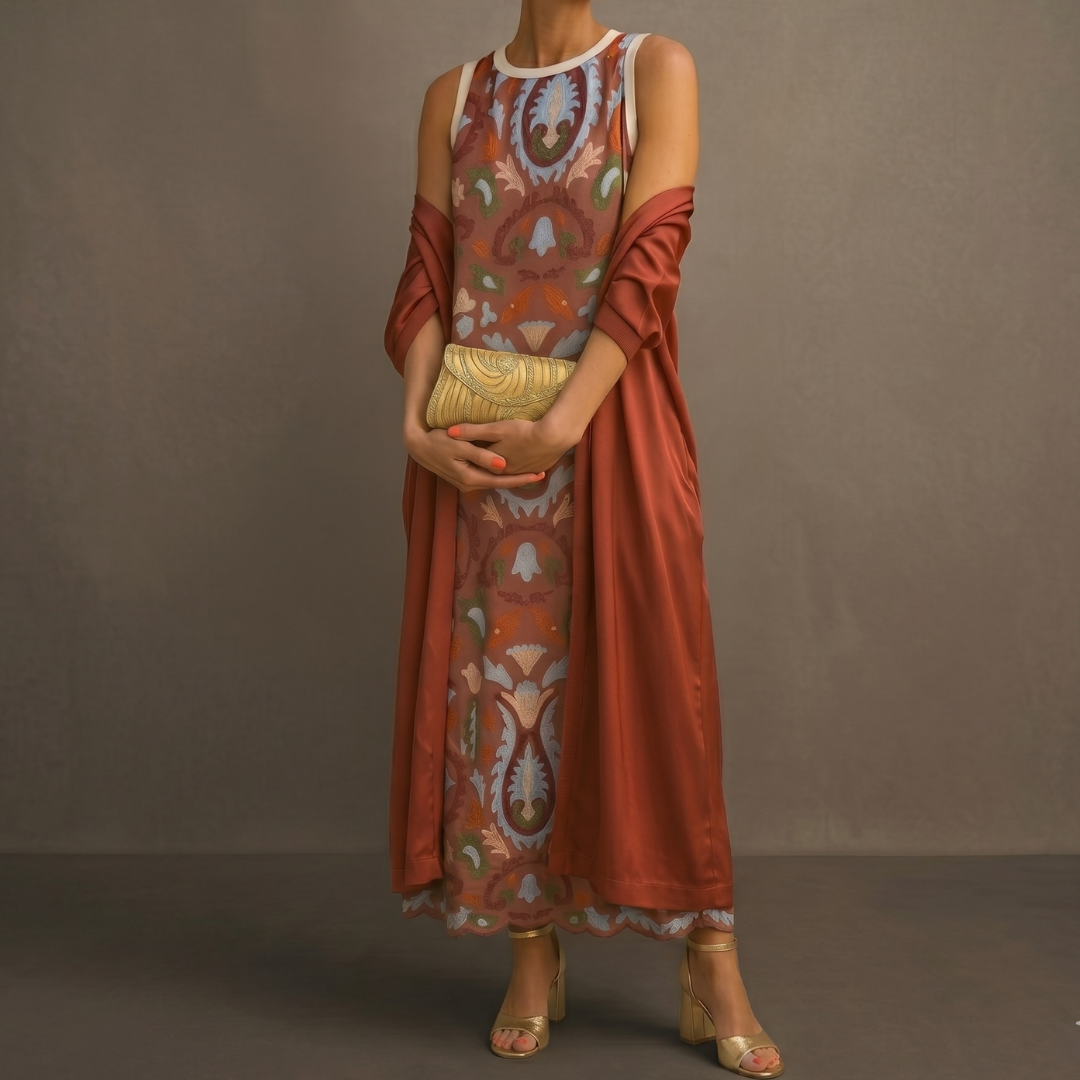Women's Printed Maxi Dress and Vest Set Autumn Outfit