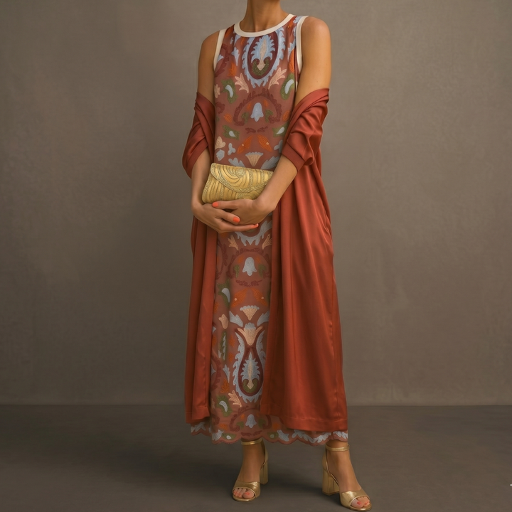 Women's Printed Maxi Dress and Vest Set Autumn Outfit