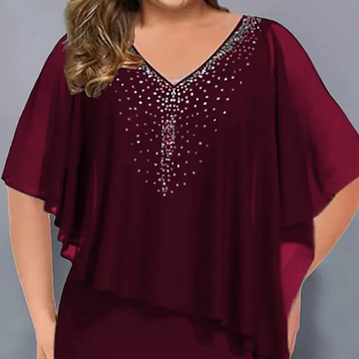 Women's Chiffon Cape Midi Dress Spring Rhinestone V Neck Bodycon Cocktail Party Dress