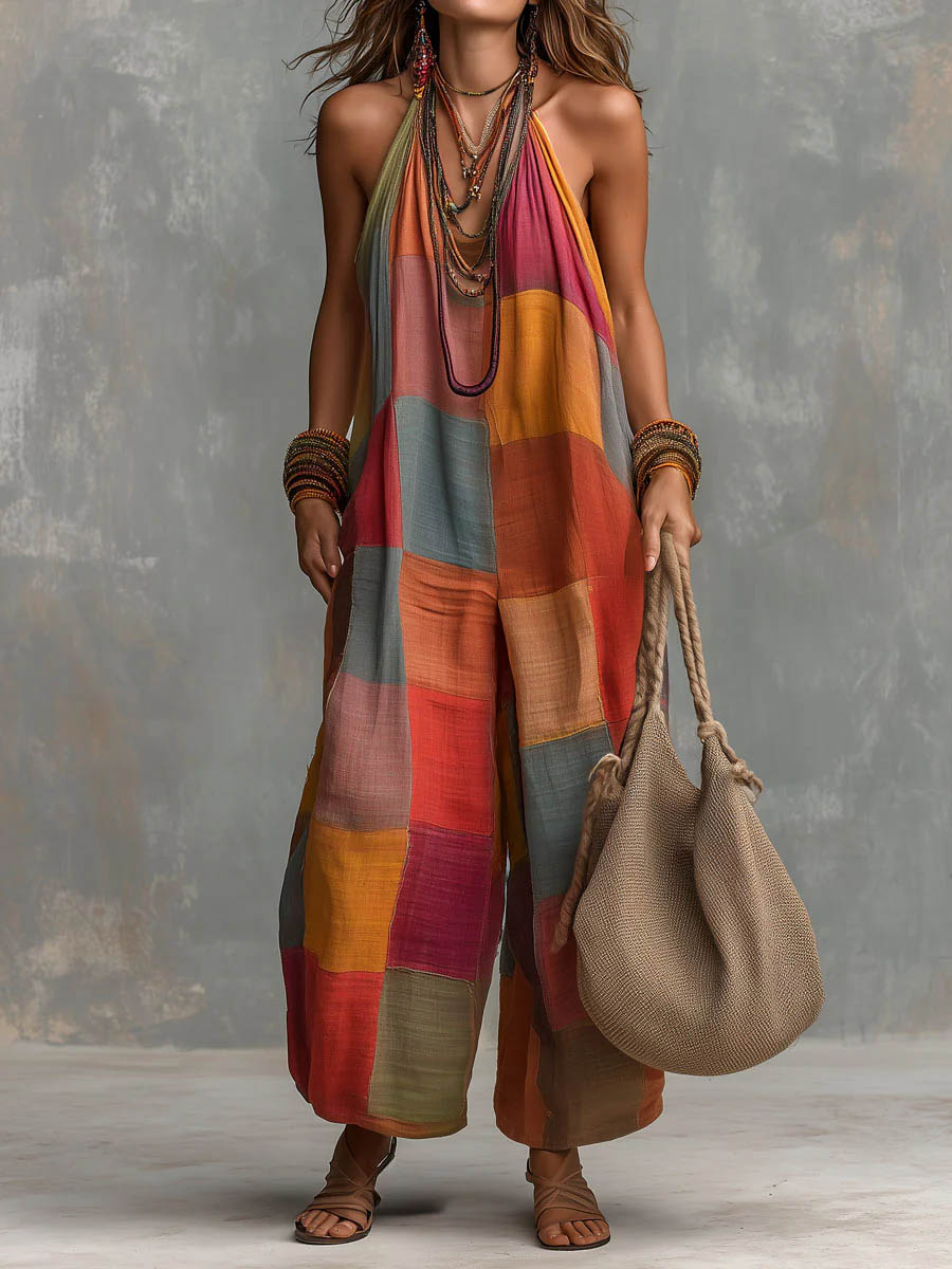 Women's Linen Cotton Patchwork Jumpsuit Autumn Casual Outfit