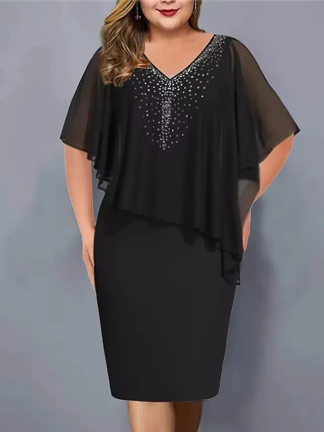 Women's Chiffon Cape Midi Dress Spring Rhinestone V Neck Bodycon Cocktail Party Dress