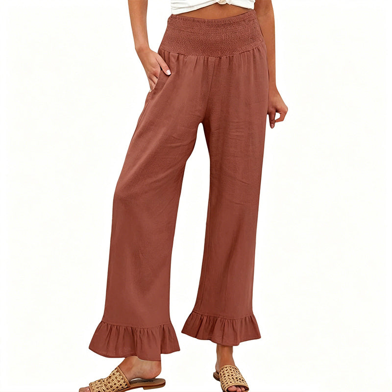 Women's Cotton Linen Wide Leg Pants Spring High Waisted Smocked Ruffle Hem Boho Trousers