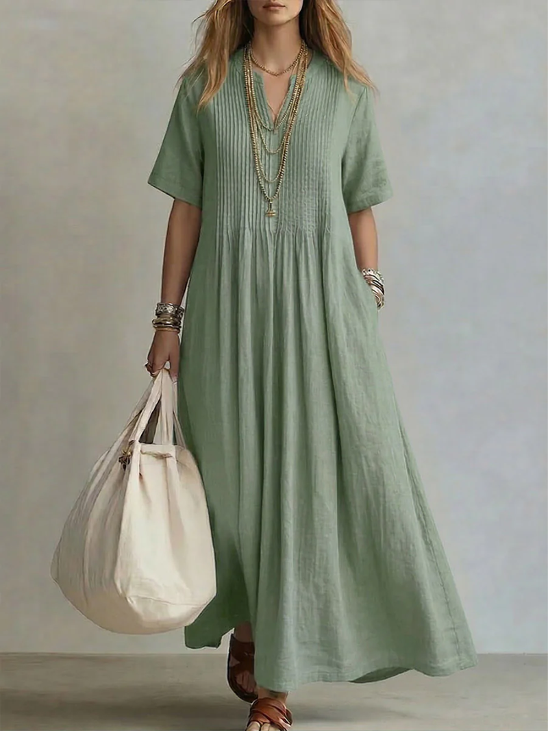Women's Cotton V-Neck Flowing Maxi Dress Autumn Everyday Outfit