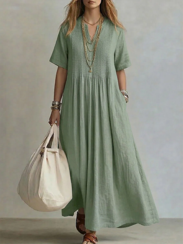 Women's Cotton V-Neck Flowing Maxi Dress Autumn Everyday Outfit